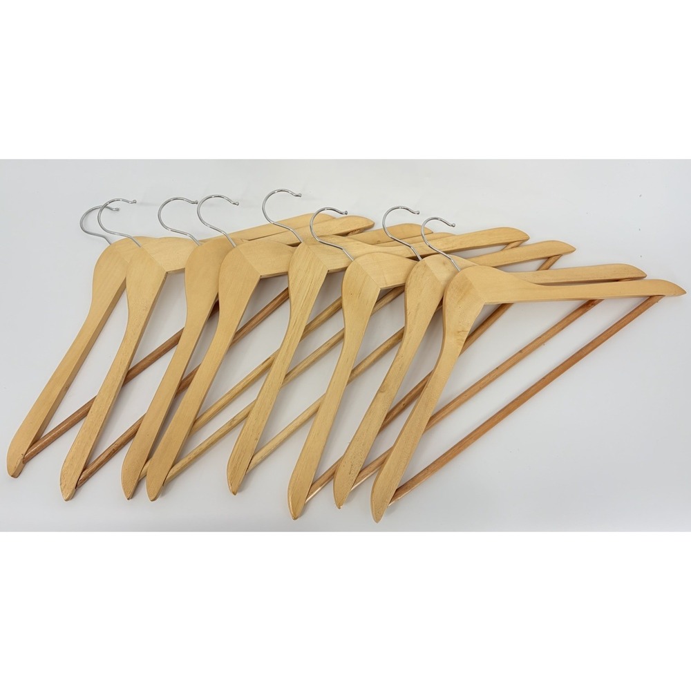 Wooden Clothes Hangers Lot of 8 For Pants Shirts Jackets Open Hook Natural Wood